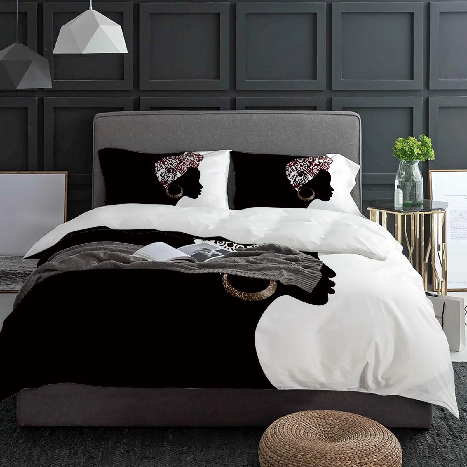 Home Textiles Bedding - Czarnoskóra Kobieta Czarno-Biały Zestaw Pościeli 3-częściowy
